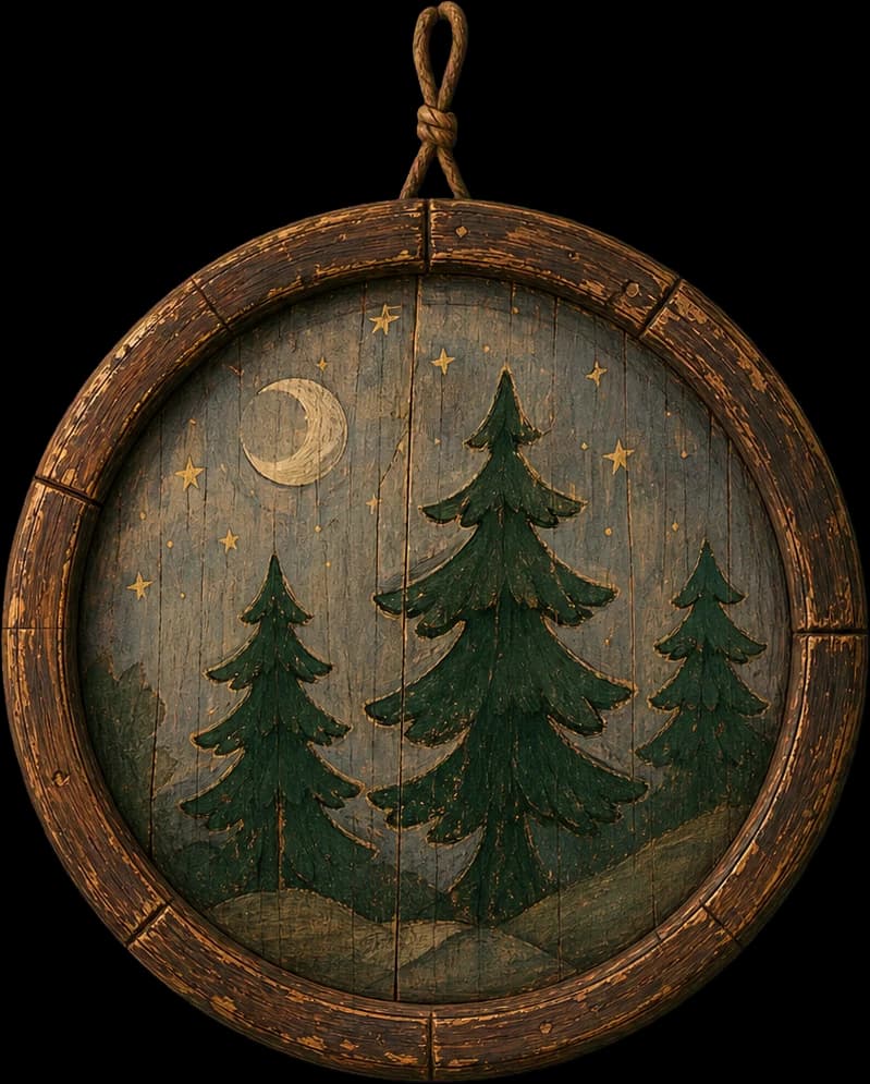A round painting of a moonlit forest