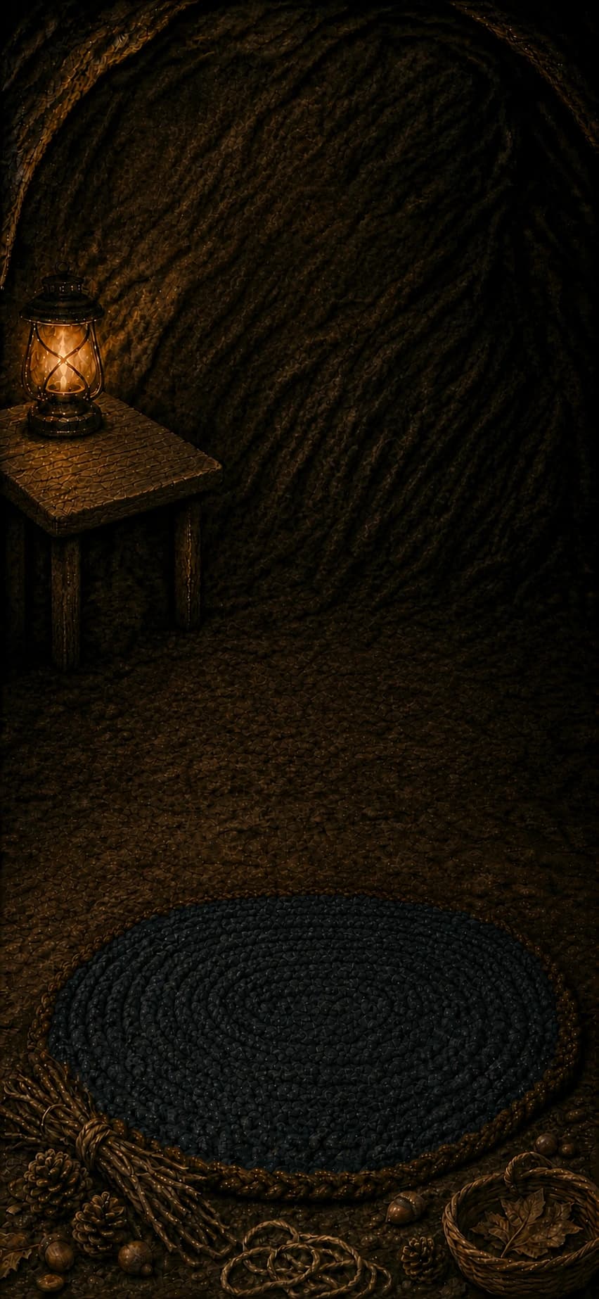 A warm, quiet den lit by a small lantern