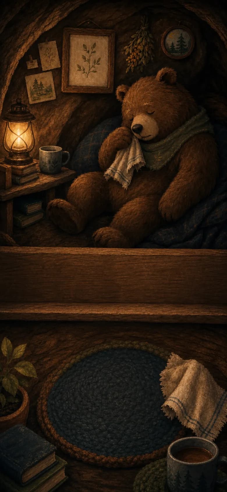 A sleepy bear dozing in a warm den, a shelf of photographs beside him